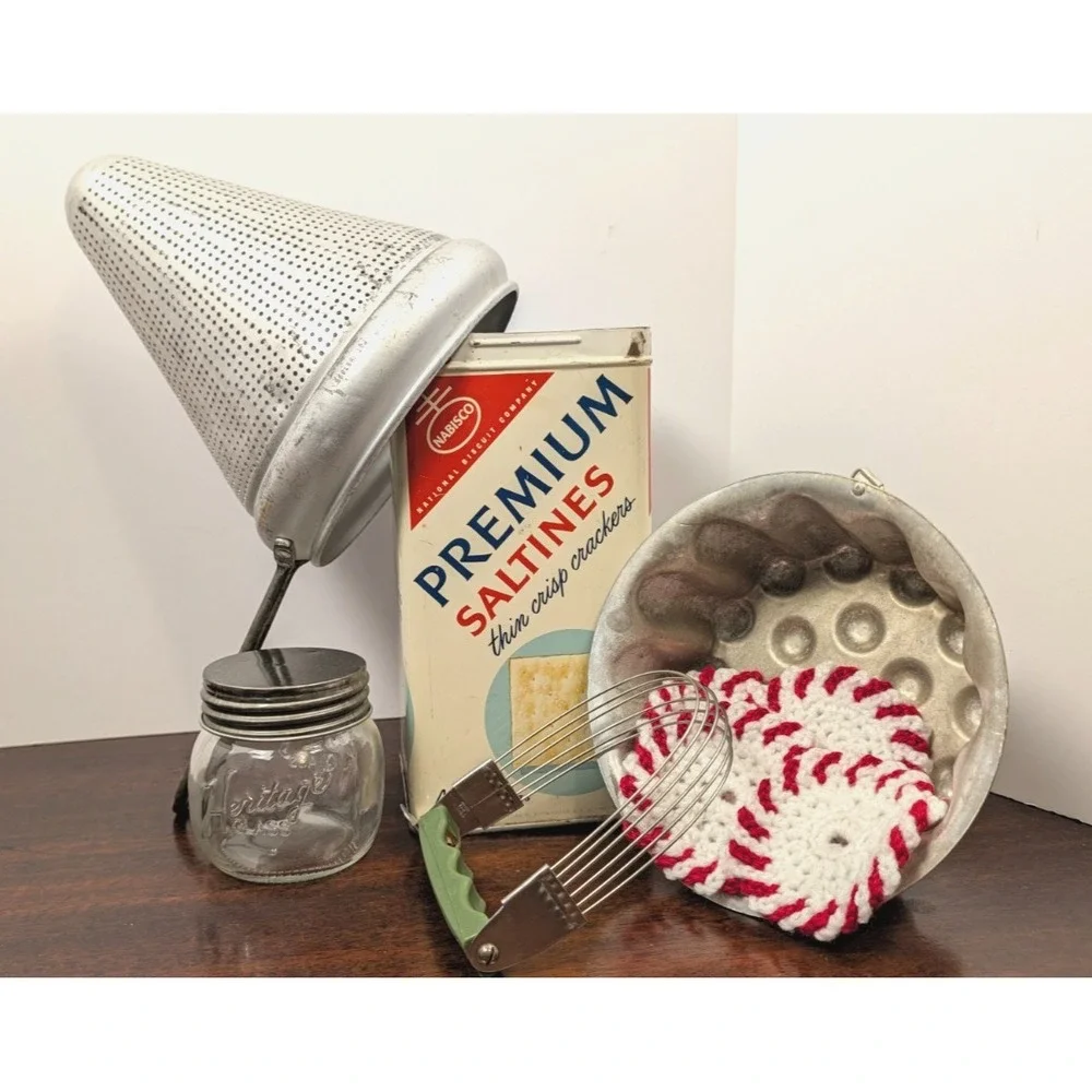 Vintage Kitchen Lot Aluminum Food Mill Nabisco Tin Jello Mold Pastry Blender 6pc